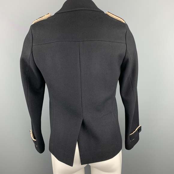 CY CHOI Size S Navy Double Breasted Shearling Trim Coat - Picture 4 of 6